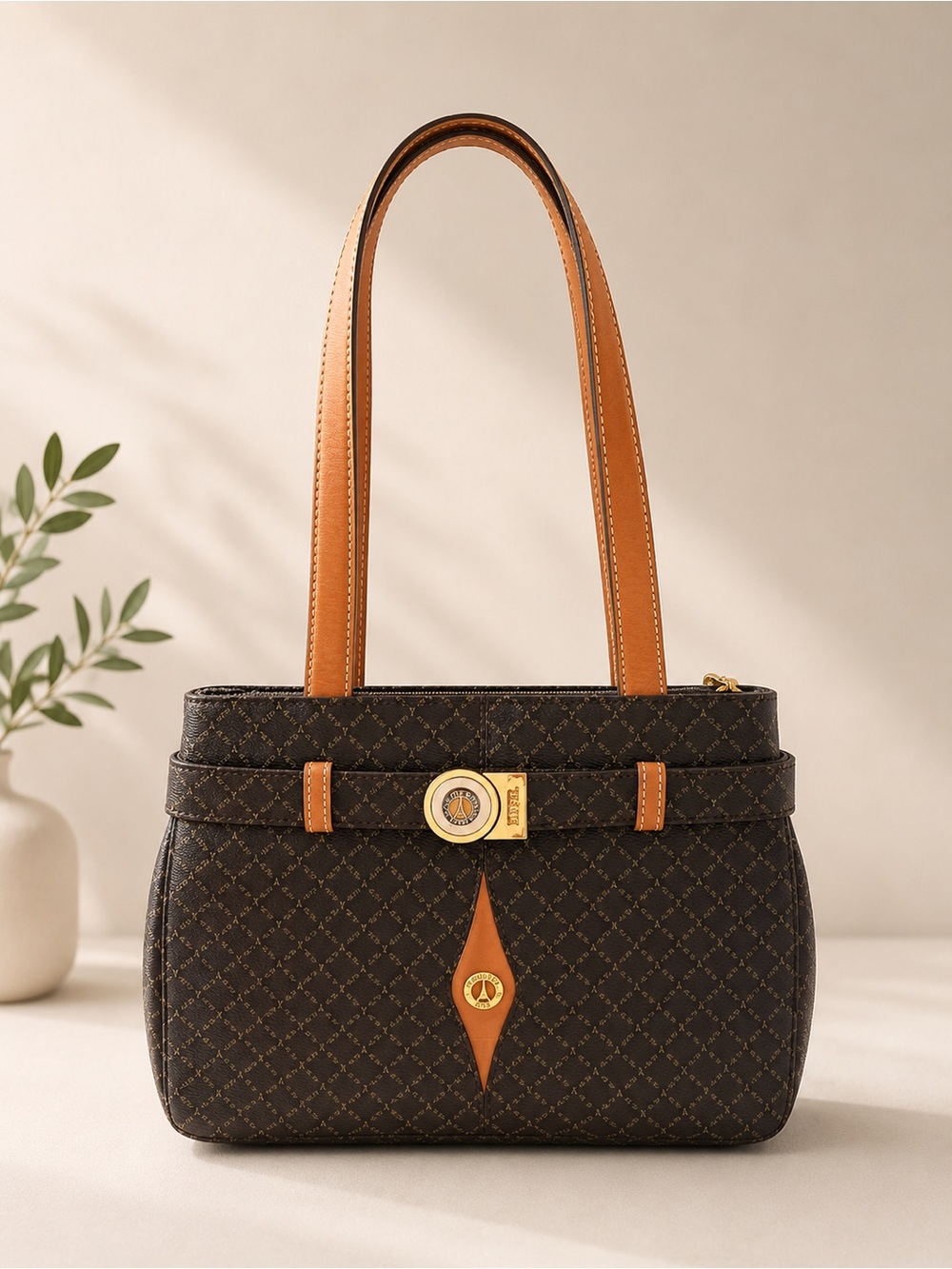 Structured Shoulder Tote in Chocolate with Tan Trim